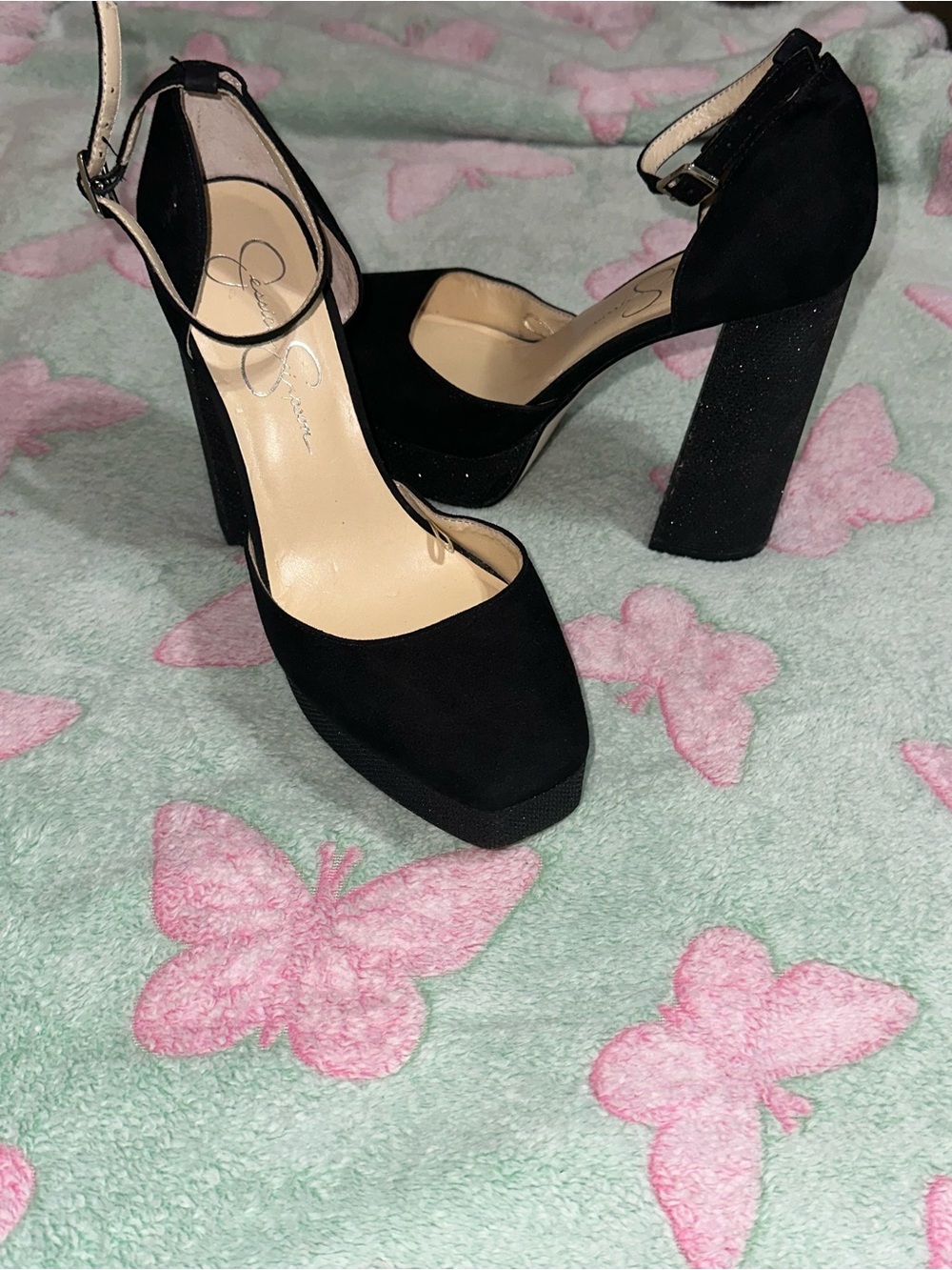 Jessica Simpson Black Glittered Platform Heels
